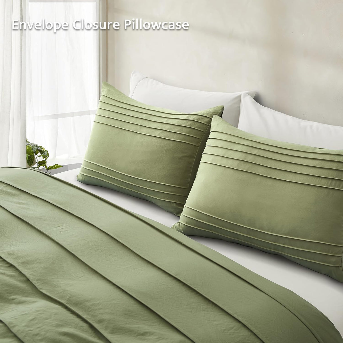 Oli Anderson 3PCS Pleated Duvet Cover Set, Sage Green, Queen