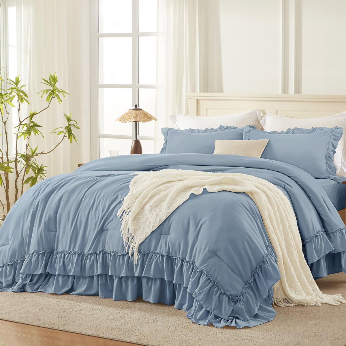 Andency Beige Ruffle Full Size Comforter Set, 3 Pieces