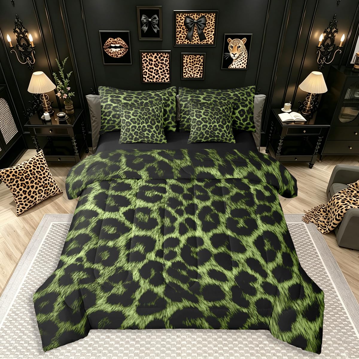 Erosebridal Leopard Print Bedding Set,7 Piece Pink Lucky 8 Ball Cheetah Bed in A Bag Queen Comforter Set for Boys Girls Women Preppy Room Decor Aesthetic Comforter and Sheets Fashion Coquette Bed Set