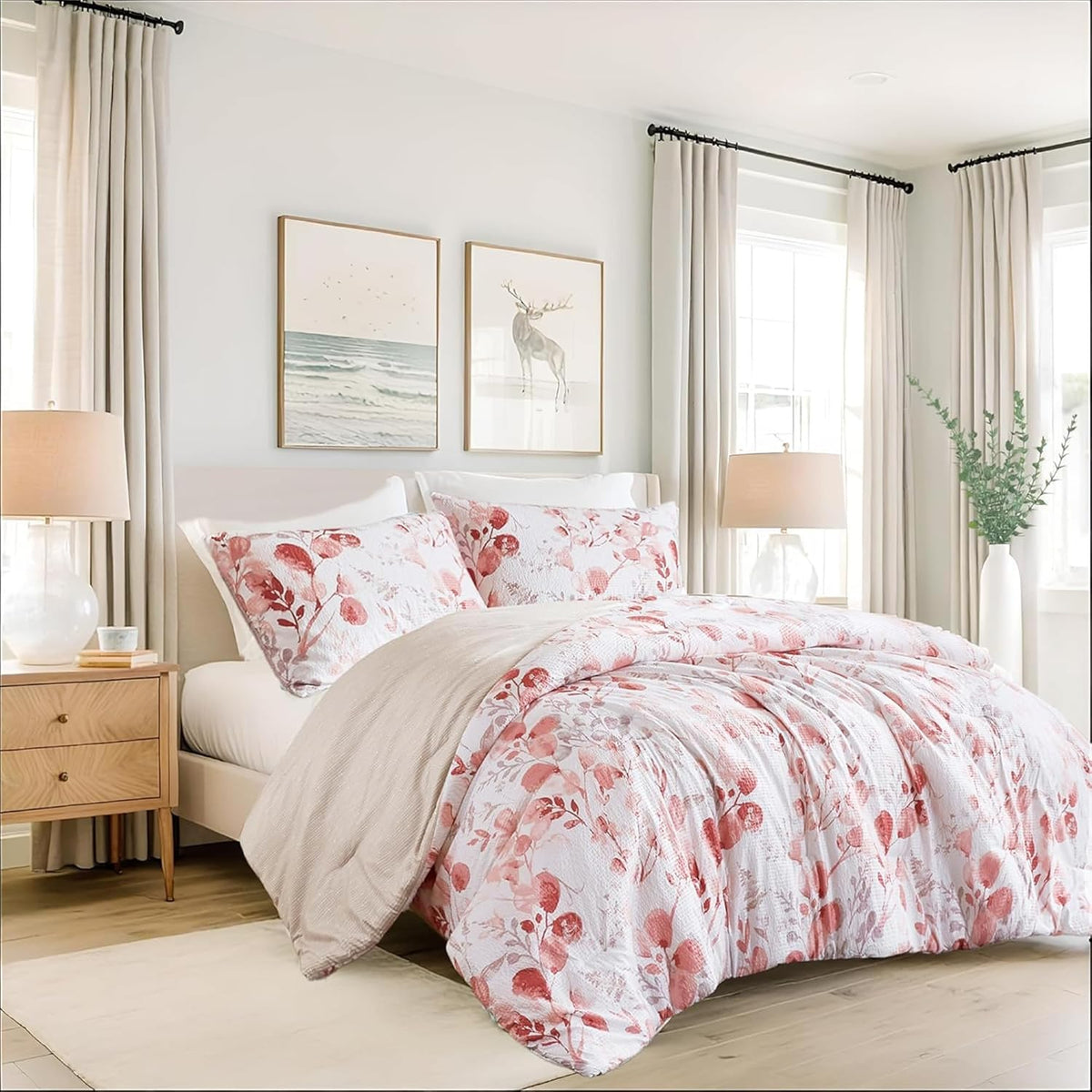 Lightweight Seersucker Botanical Comforter Set King Size, 3 Pieces Reversible Design with Striped Print, Premium Microfiber Bedding Set, Comforter and Sham Set, Green