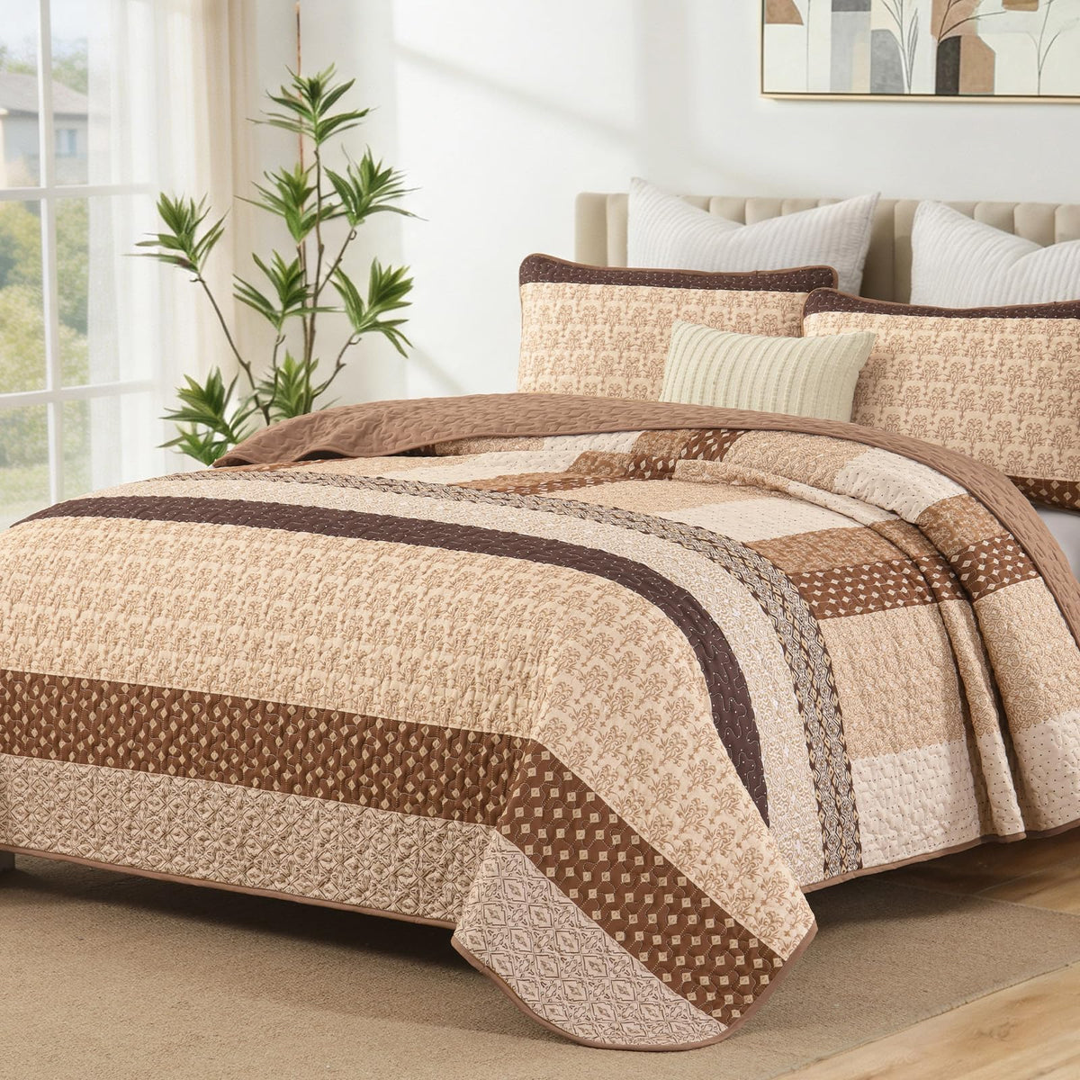 WONGS BEDDING Beige Quilt Queen Size, Boho Striped Bedspread
