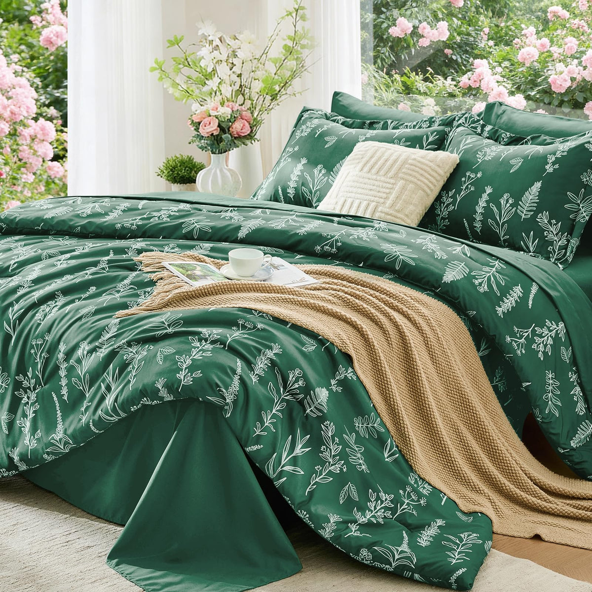 MUXHOMO Beige Full Comforter Set, Elegant Floral Print Bed in a Bag 7 Pieces, Ultra Soft & Breathable Reversible Botanical Pattern Bedding Set with Comforter, Sheets, Pillowcases, and Shams