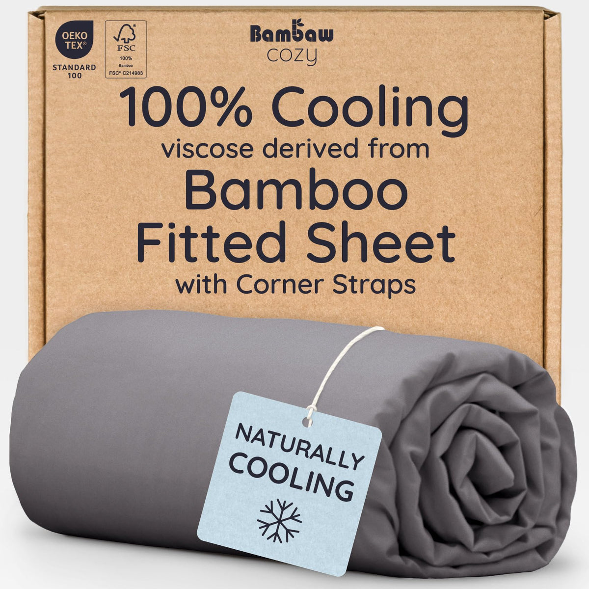 Bambaw 100% Viscose Derived from Bamboo Queen Size Fitted Sheet, Cooling, Deep Pocket, Corner Straps, Charcoal