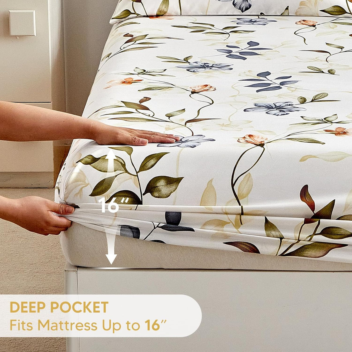 Tokokimo Queen Size Fitted Sheet with 2 Pillowcases, White & Floral Print