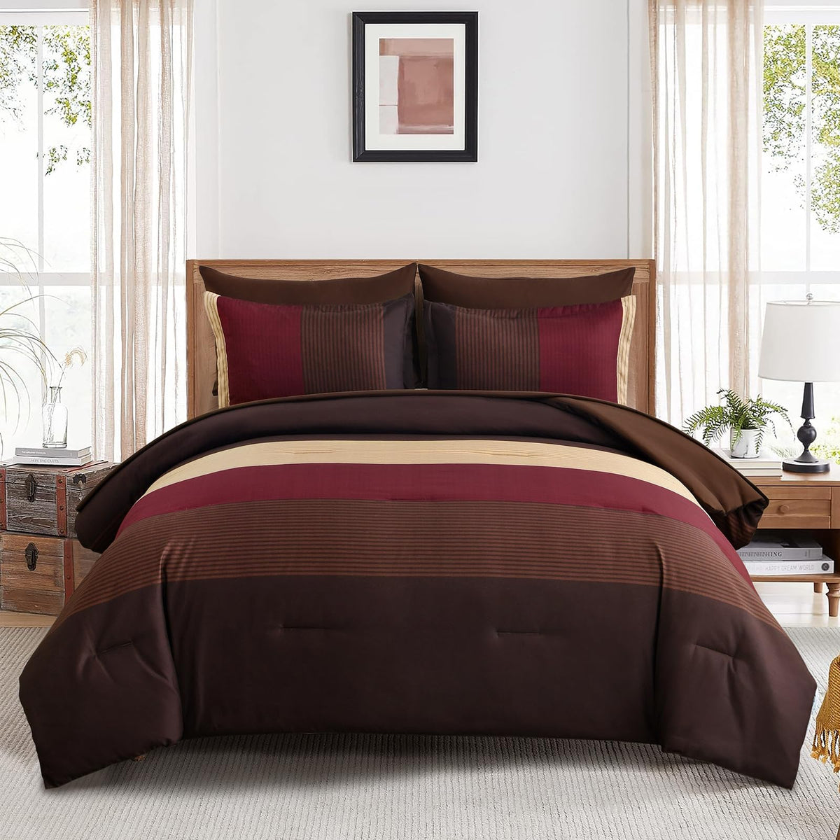 Anibedding Striped Comforter Set Queen Size, Boho Brown Green Striped Bedding Comforter Set 7 Piece Bed in a Bag, Soft Microfiber Down Alternative Farmhouse Bedding Set for All Season(90"x90")