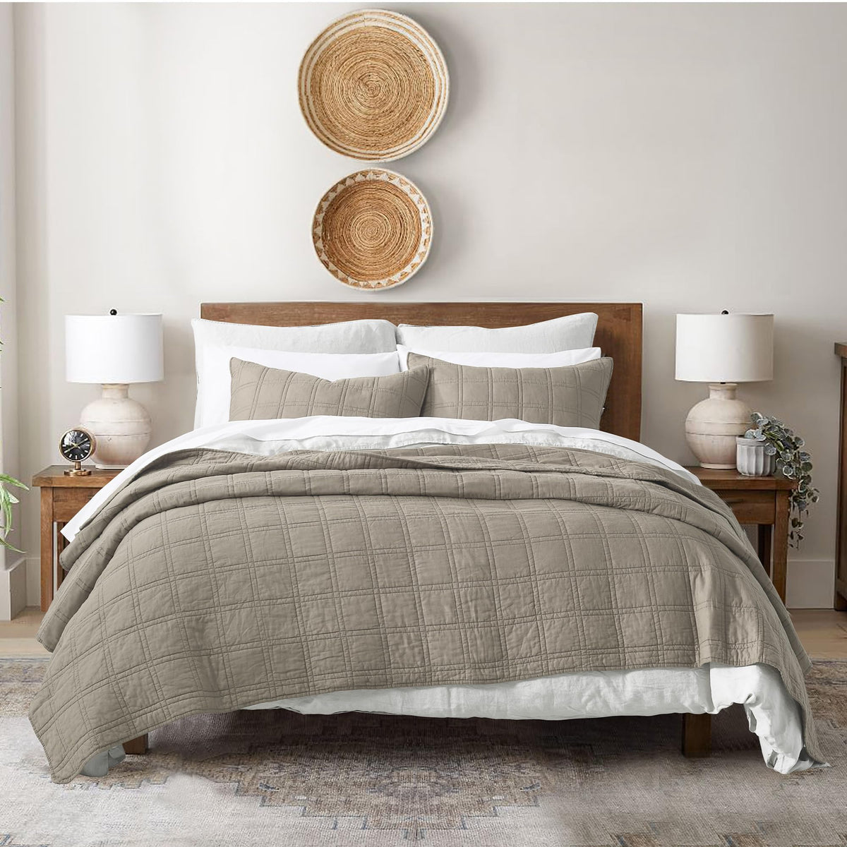 HORIMOTE HOME 100% Cotton Quilt Set Queen Size, Baby Blue Pre-Washed 3-Piece Bedspread Coverlet Set, Cozy Lightweight Stitching Bedding Cover with 2 Shams in Geometric Pattern for All Season