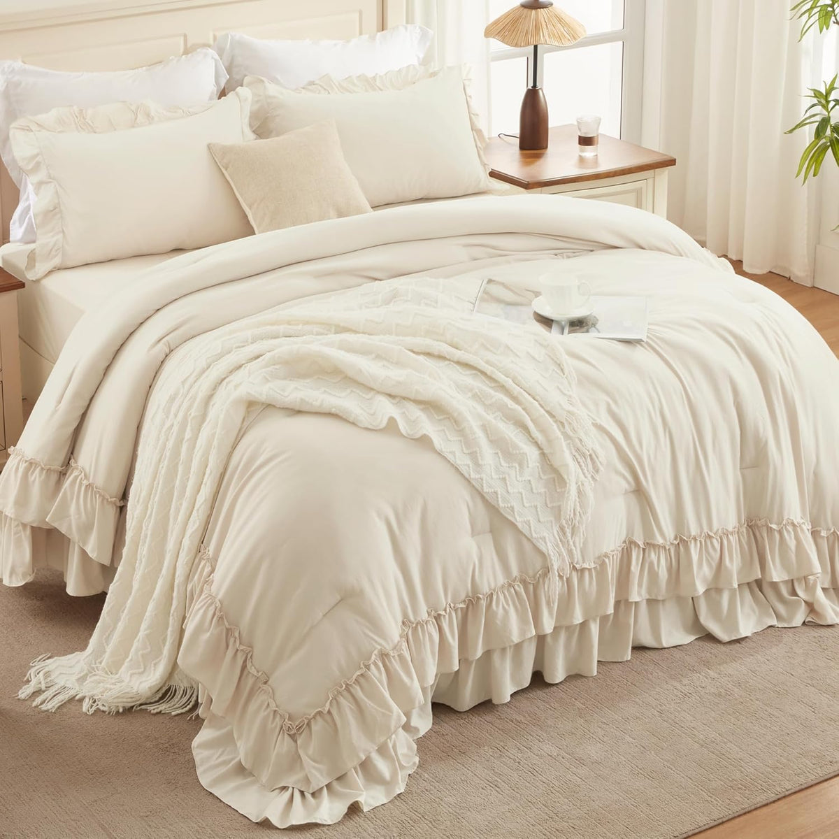 Andency Beige Ruffle Full Size Comforter Set, 3 Pieces
