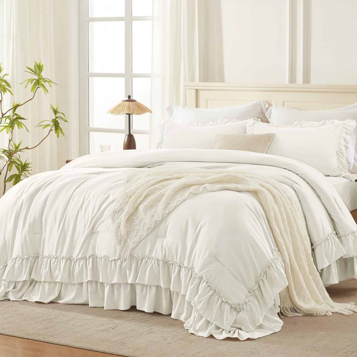 Andency Beige Ruffle Full Size Comforter Set, 3 Pieces