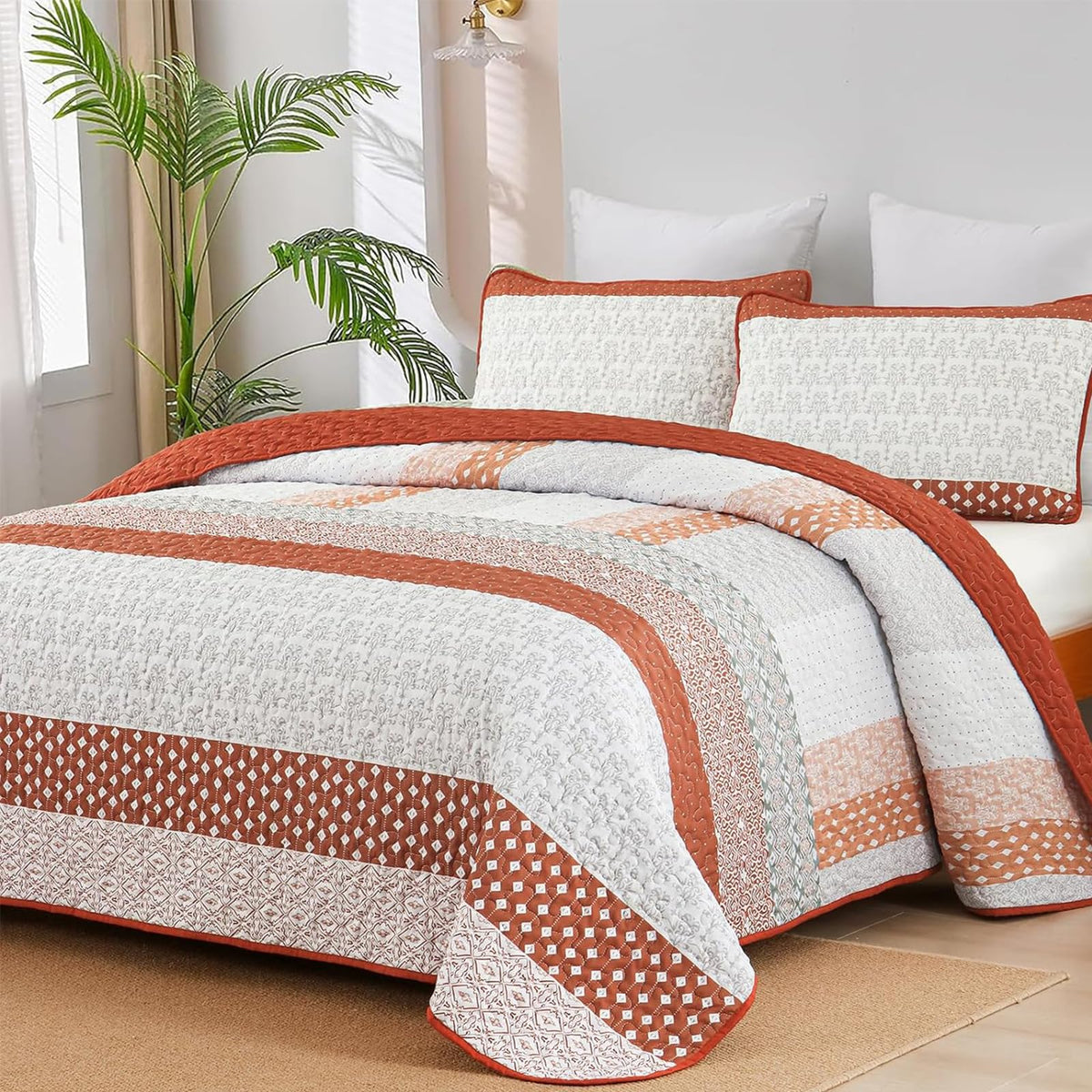 WONGS BEDDING Beige Quilt Queen Size, Boho Striped Bedspread