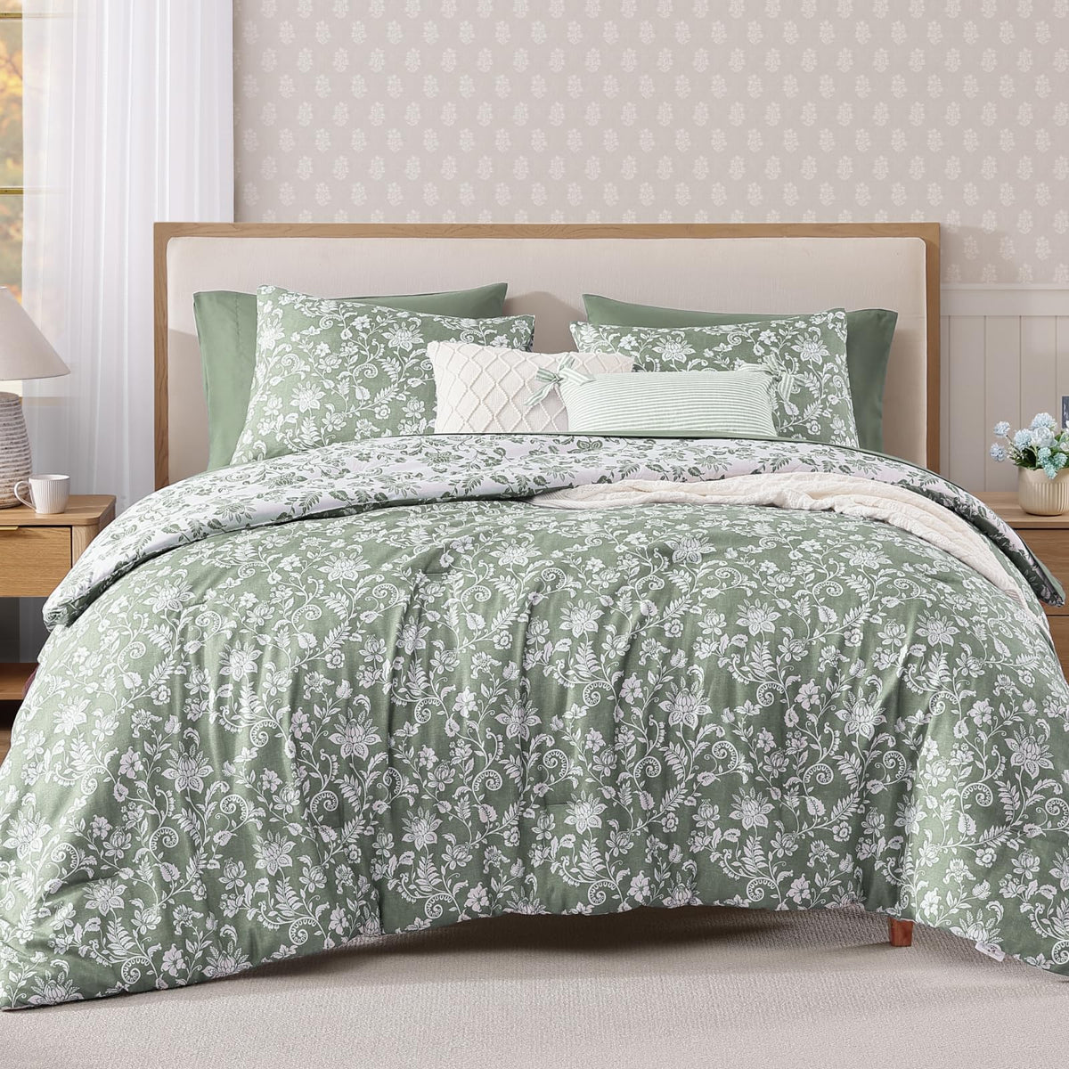 BLOOMHAVEN Queen Comforter Set-7 Pieces Brown Floral Bed in a Bag Queen