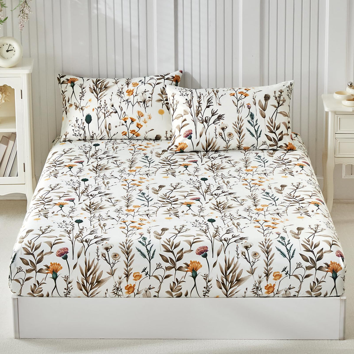 Tokokimo Queen Size Fitted Sheet with 2 Pillowcases, White & Floral Print