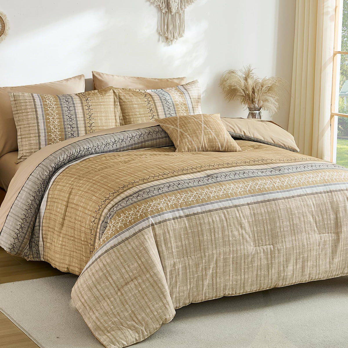 Dintszyayue Sage Green King Comforter Size Set, 8 Pieces Striped Boho Texture Bed in a Bag Sets, Lightweight Soft Bohemian Comforter and Sheet Set, All Season Microfiber Bedding Sets for Men Women