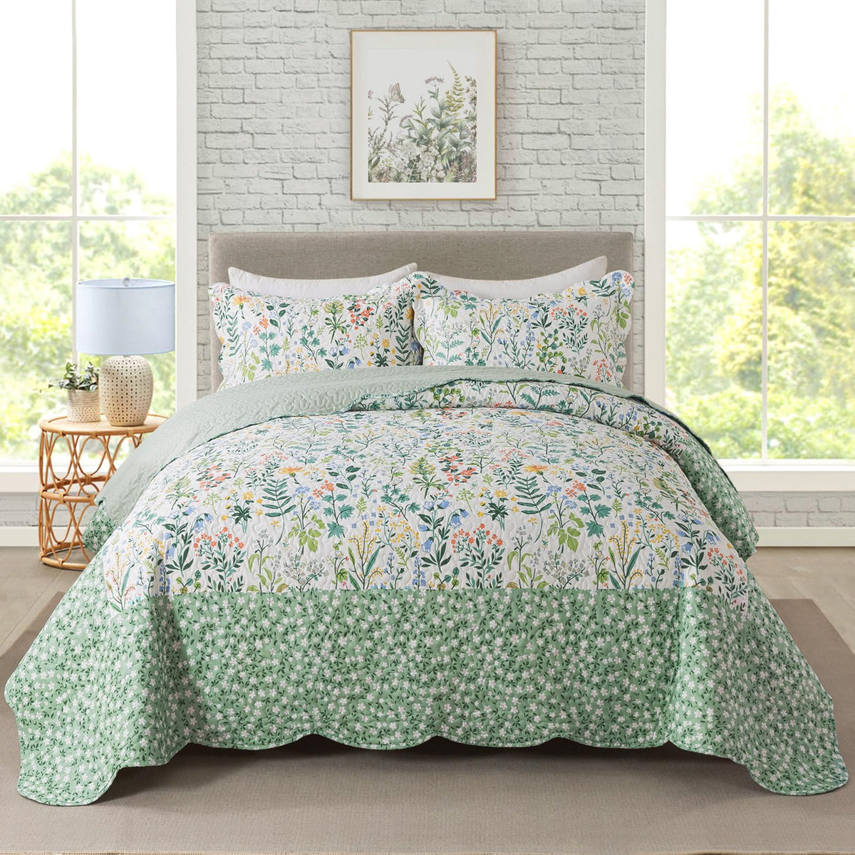 Travan 3-Piece Quilt Set Quilted Bedspread Lightweight Coverlet Set Garden Style Floral Printed Oversized Quilted Bedding Set with Shams for All Season, Exquisite, Queen Size