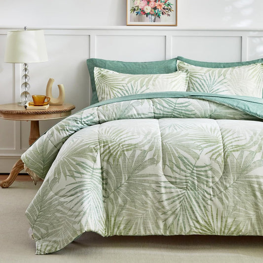 AIKASY Blue Green Queen Comforter Set with Sheets,Bed in a Bag 7-Pieces,Palm Tree Totem Printing Design,Ultra Soft Down Alternative All Season Bedding Set(Queen, Blue Green)