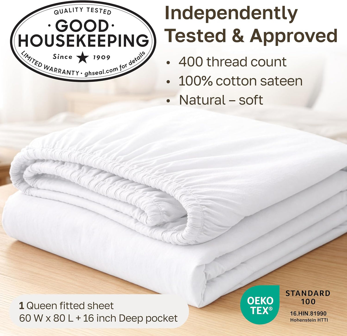 California Design Den Soft 100% Cotton Sateen Fitted Sheet Queen, White