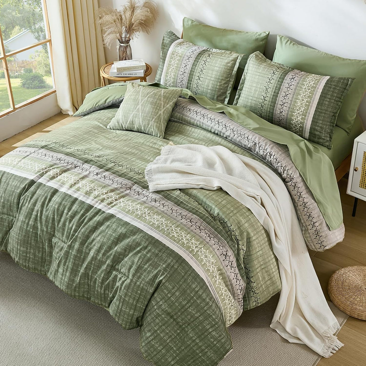 Dintszyayue Sage Green King Comforter Size Set, 8 Pieces Striped Boho Texture Bed in a Bag Sets, Lightweight Soft Bohemian Comforter and Sheet Set, All Season Microfiber Bedding Sets for Men Women