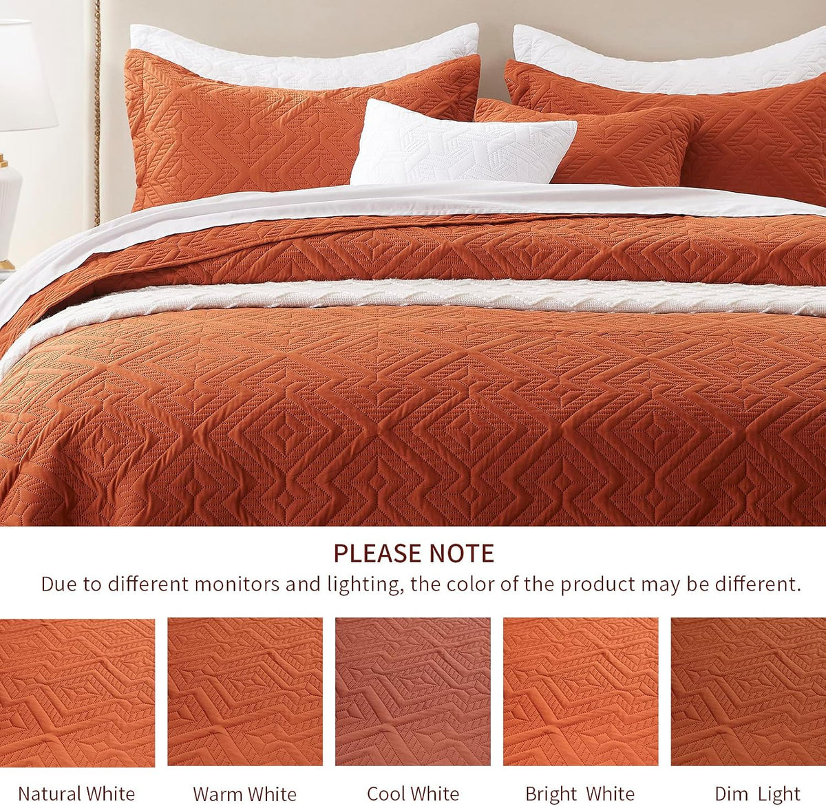 LEAONME Full/Queen Quilt Set 3 Pieces, Lightweight Burnt Orange/Rust Bedspread-90''x98'', Soft Microfiber Summer Quilt, Luxurious Warm Coverlet Set for All Seasons (Includes 1 Quilt, 2 Shams)