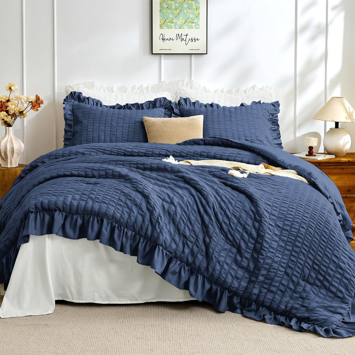 JOLLYVOGUE Ivory Comforter Full Size, 3 Pieces Seersucker Lightweight Full Size Bedding, All Season Fluffy Microfiber Bedding Comforter Set with 1 Ruffle Comforter and 2 Ruffle Pillowshams