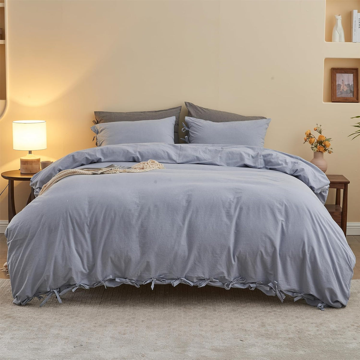 BISELINA 100% Washed Cotton Duvet Cover Set 3pcs with Bowknot Ties Strap Solid Color Linen Like Textured Durable Breathable Soft Comfy Chic Bedding (Twin, Cornflower Blue)