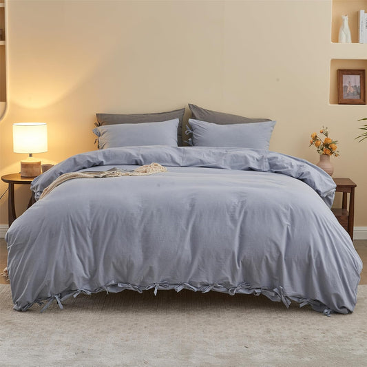 BISELINA 100% Washed Cotton Duvet Cover Set 3pcs with Bowknot Ties Strap Solid Color Linen Like Textured Durable Breathable Soft Comfy Chic Bedding (Twin, Cornflower Blue)