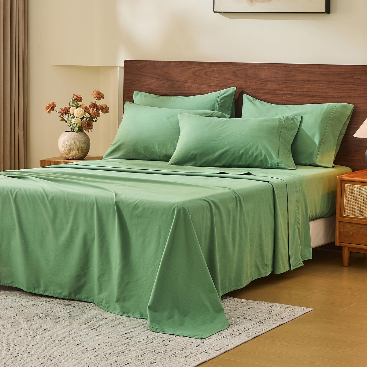 MEISHANG 100% French Linen Sheets Queen,4 Pcs,18-24" Extra Deep Pocket