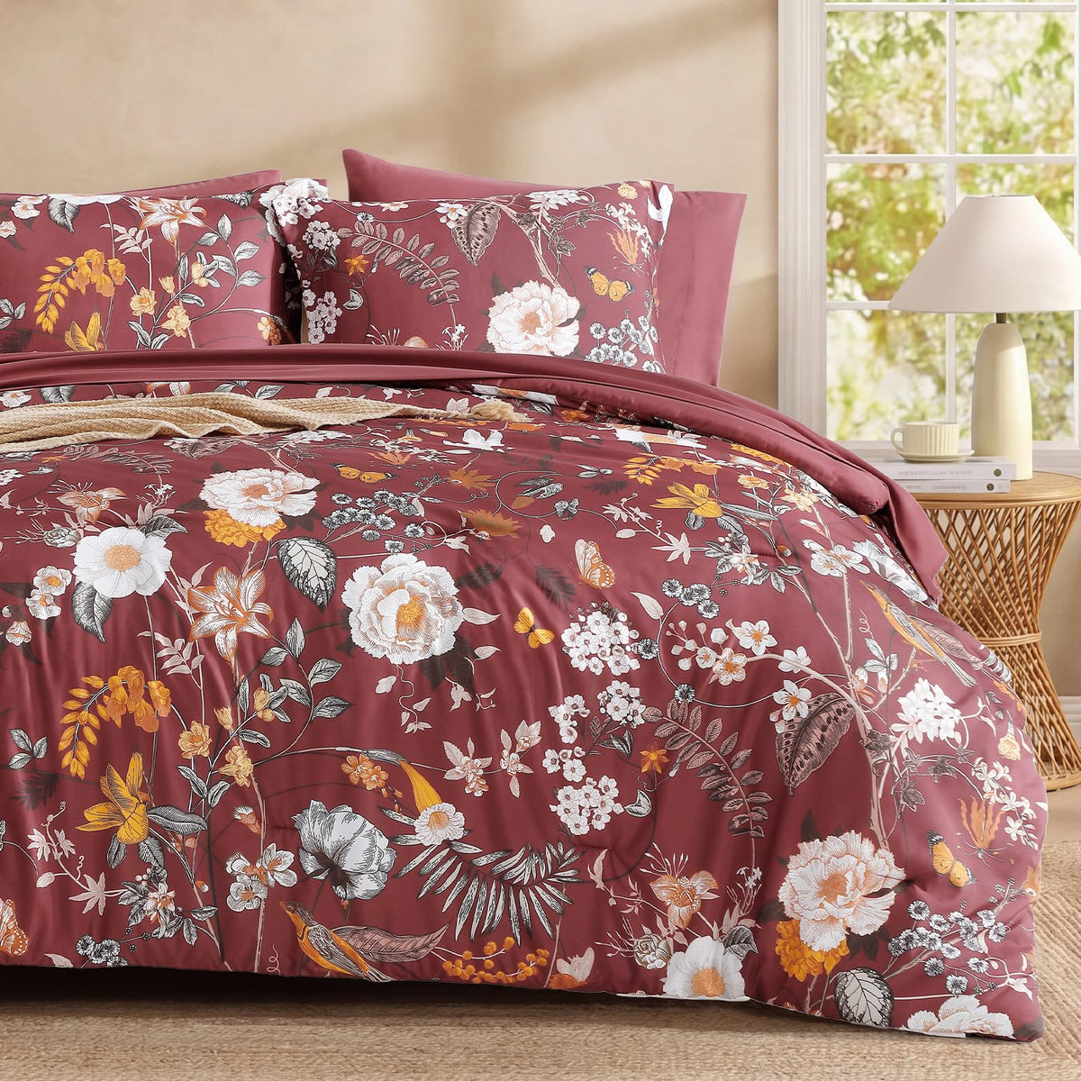 Queen Comforter Set - 7 Pieces Soft Floral Bed in a Bag Queen Bedding Sets