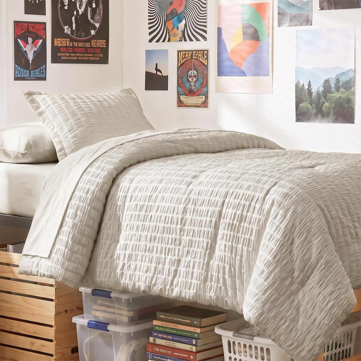 CozyLux Queen Comforter Set, 7 Pieces Beige Seersucker Bed in a Bag