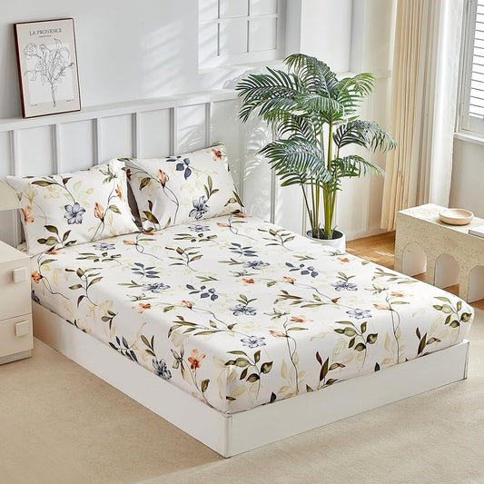 Tokokimo Queen Size Fitted Sheet with 2 Pillowcases, White & Floral Print