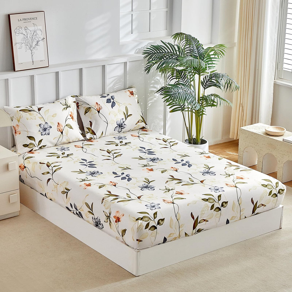 Tokokimo Queen Size Fitted Sheet with 2 Pillowcases, White & Floral Print