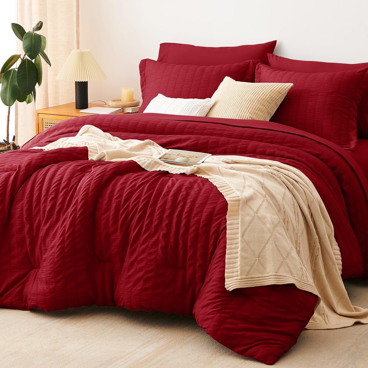 CozyLux Queen Comforter Set, 7 Pieces Beige Seersucker Bed in a Bag