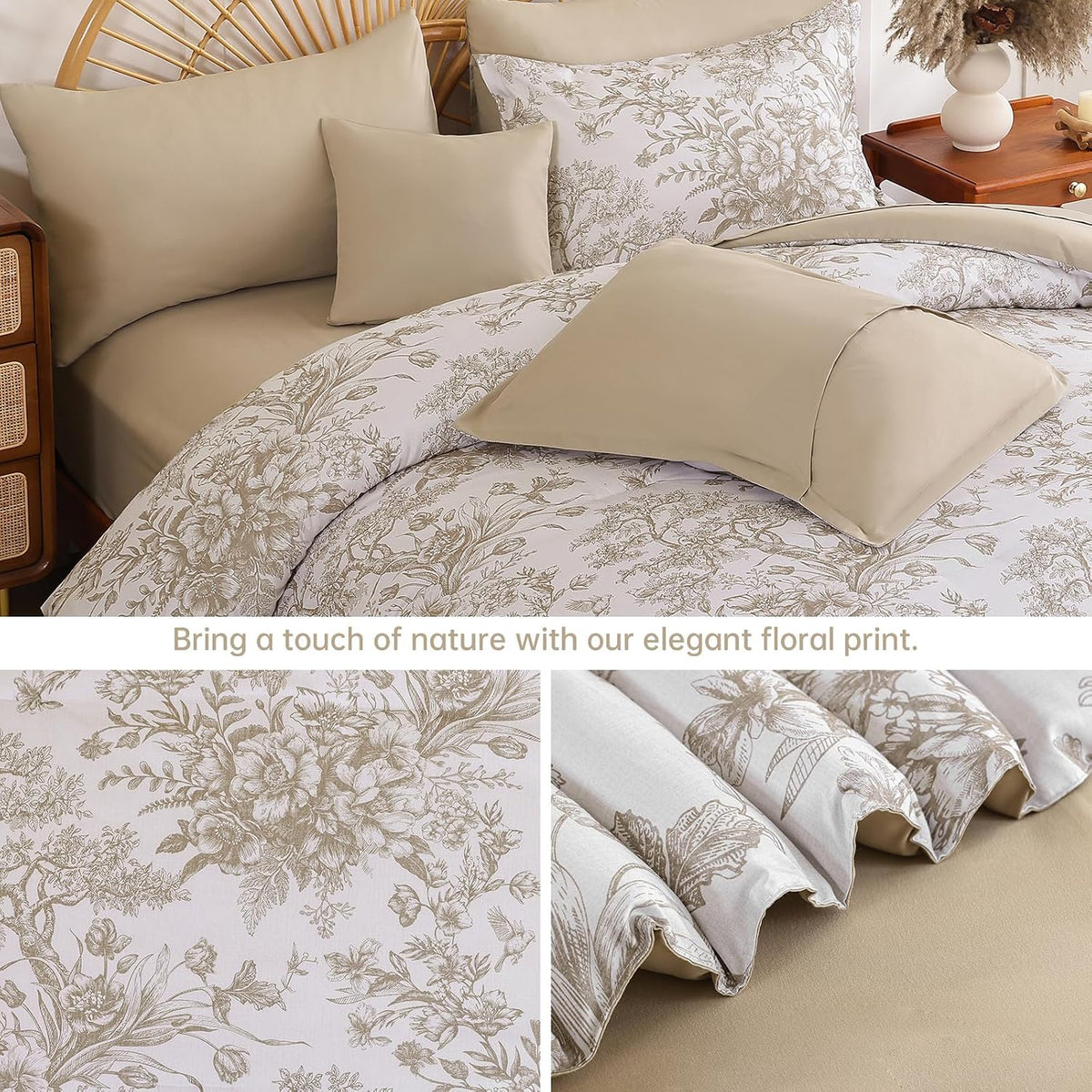 Queen Comforter Set 8 Pieces, Floral Comforter Set, Brown Bed in a Bag