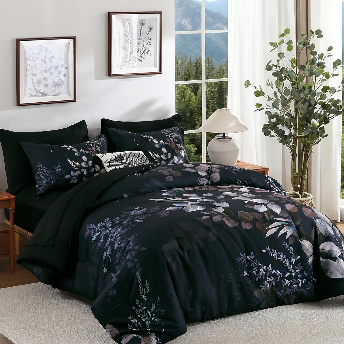 Xruibed Black Comforter Set King Size 7 Pieces Leaf Bed in a Bag Set