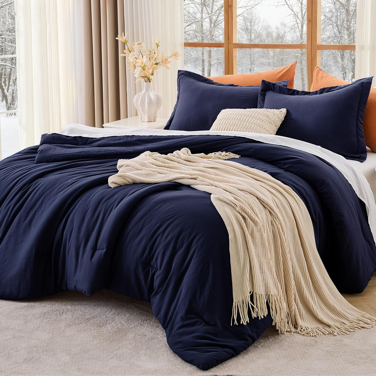 MUXHOMO Queen Size Comforter Set Beige, 3 Piece Solid Bedding for All Seasons, Warm Down Alternative Bed Set Includes 1 Lightweight Comforter (90"x90") and 2 Pillowshams (20"x26")