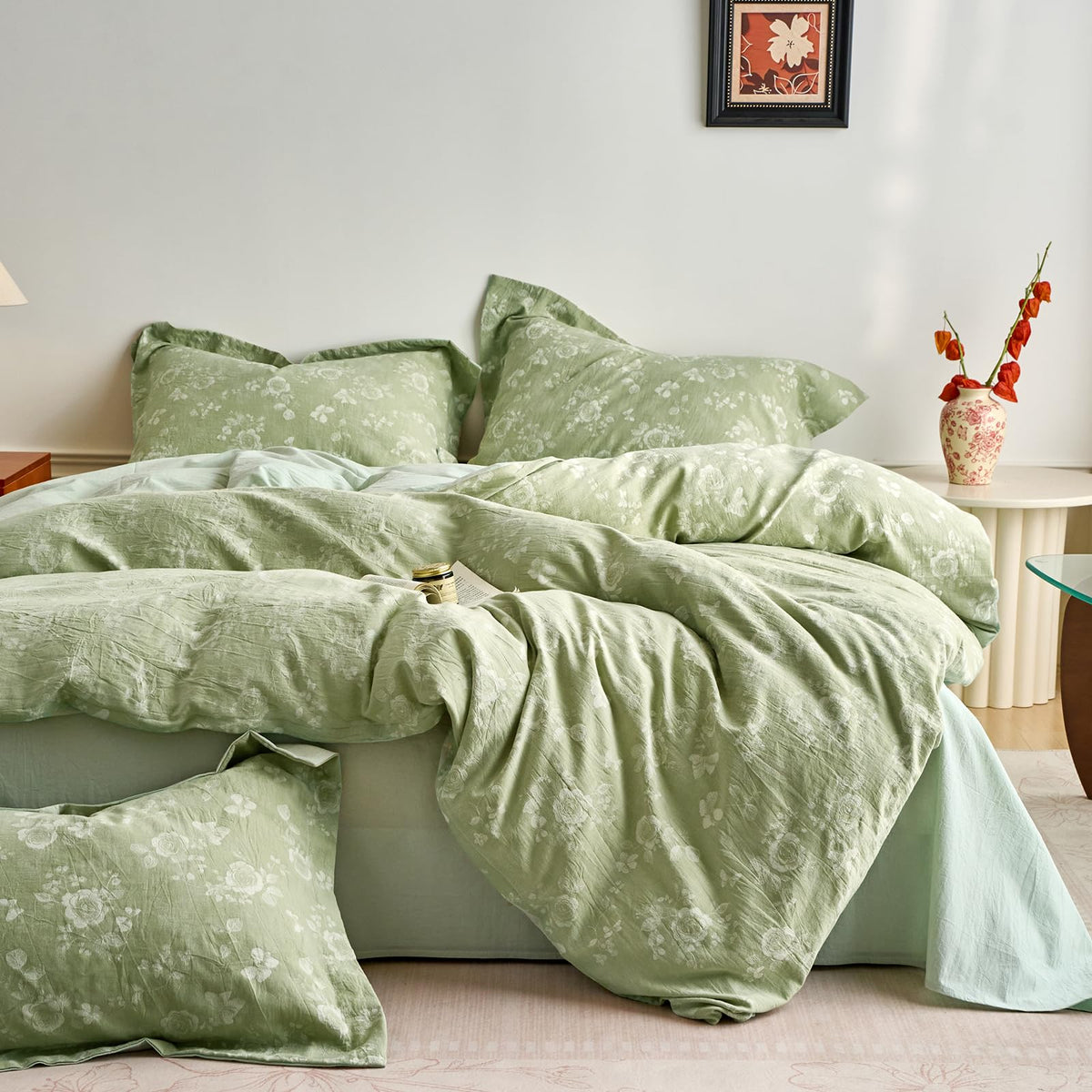 mixinni Duvet Cover Set King Size Bird Flower Pattern Soft Long Staple Cotton Floral Bedding Comforter Cover Set with Zipper Ties for Women and Men, Ultra Soft, Breathable, Easy Care-King Size