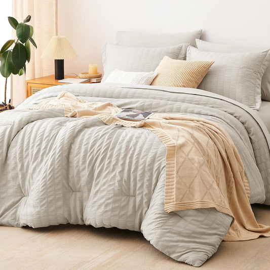 CozyLux Queen Comforter Set, 7 Pieces Beige Seersucker Bed in a Bag