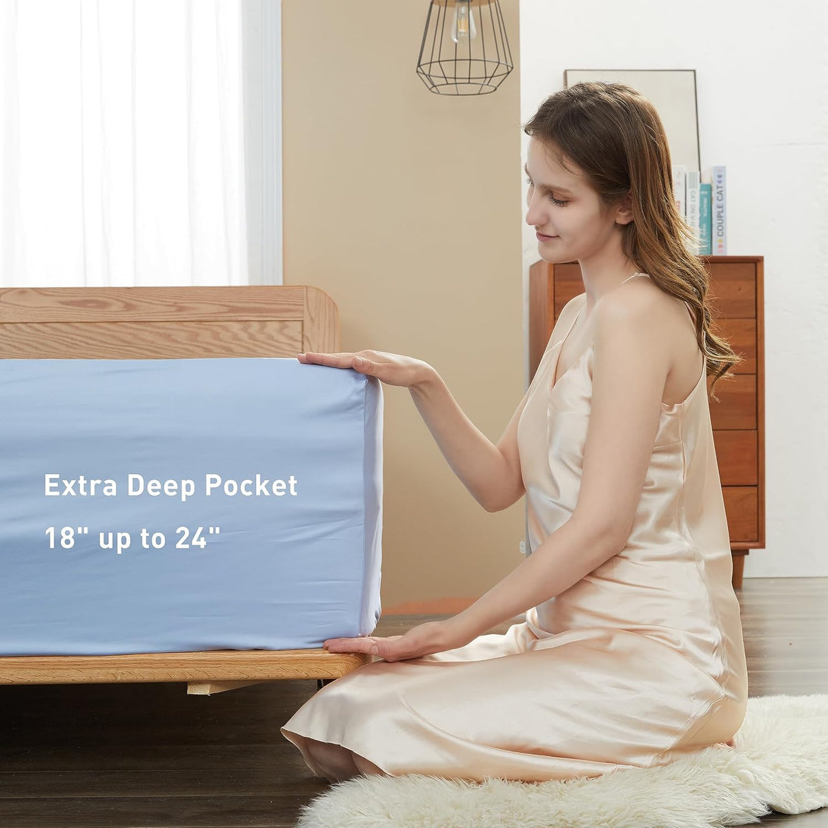 Sunflower Queen Fitted Sheet Extra Deep, 100% Cotton Sateen, Powder Blue