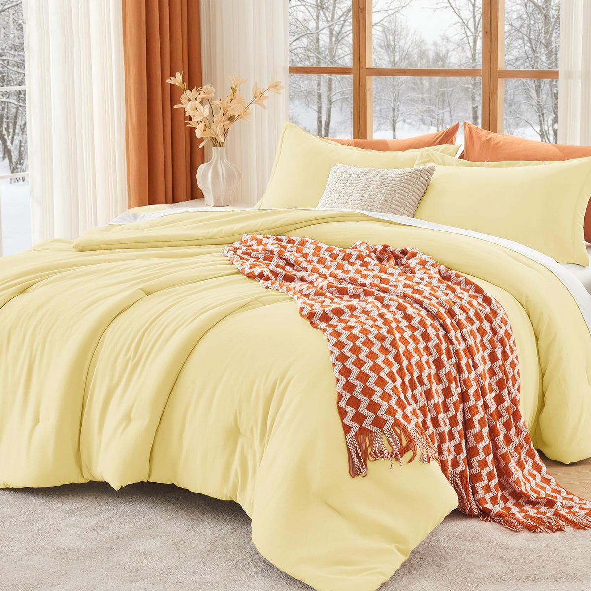 MUXHOMO Queen Size Comforter Set Beige, 3 Piece Solid Bedding for All Seasons, Warm Down Alternative Bed Set Includes 1 Lightweight Comforter (90"x90") and 2 Pillowshams (20"x26")