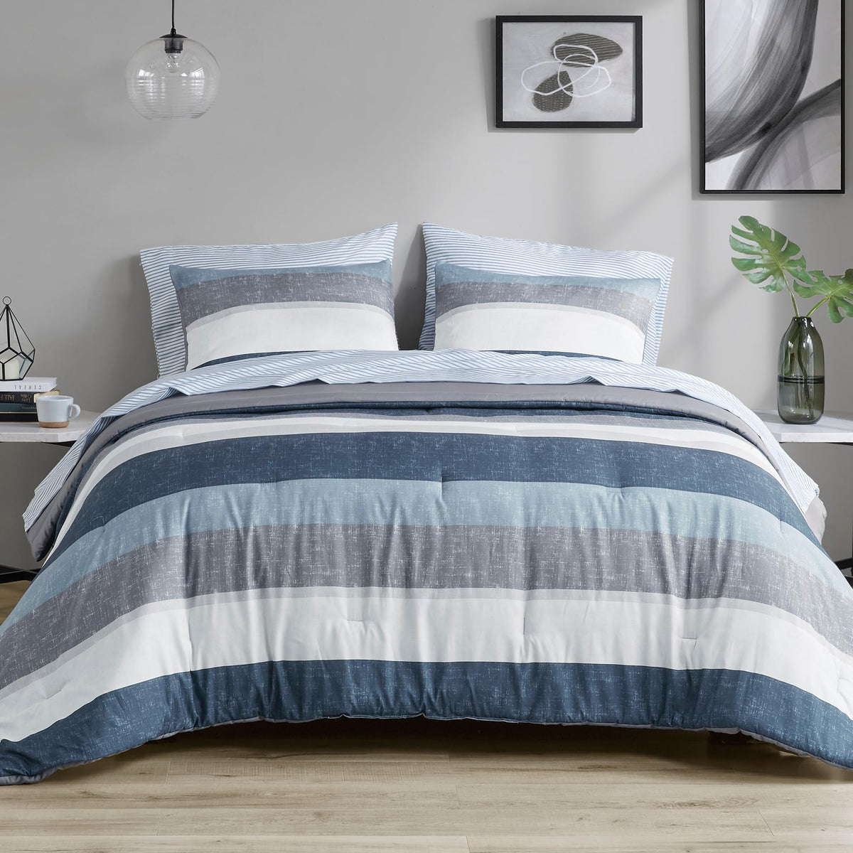 Madison Park Essentials Queen Comforter Set, Bed in A Bag Comforter & Sheet Set, Modern Casual Stripes Print, All Seasons, Soft Microfiber Bedding Makeover, Matching Shams, Queen Taupe/Grey 7 Piece