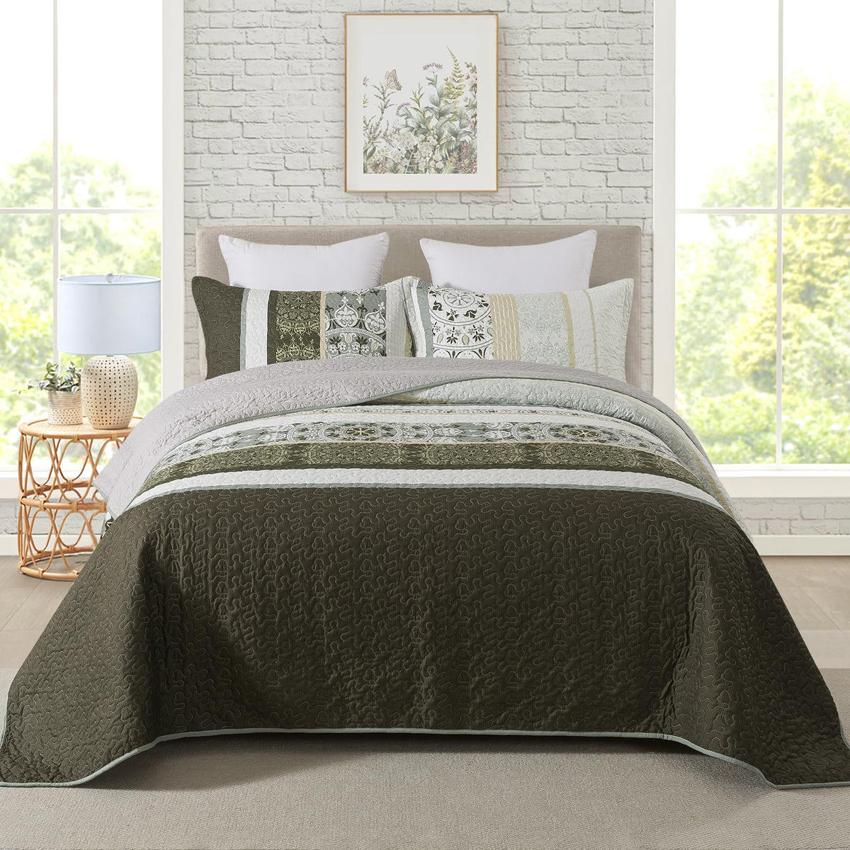 Travan 3-Piece Quilt Set Quilted Bedspread Lightweight Coverlet Set Garden Style Floral Printed Oversized Quilted Bedding Set with Shams for All Season, Exquisite, Queen Size