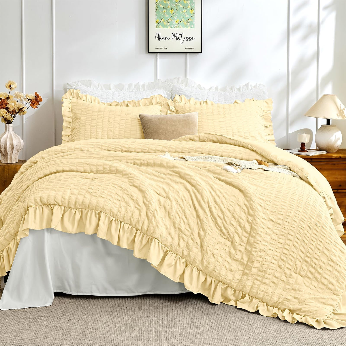 JOLLYVOGUE Ivory Comforter Full Size, 3 Pieces Seersucker Lightweight Full Size Bedding, All Season Fluffy Microfiber Bedding Comforter Set with 1 Ruffle Comforter and 2 Ruffle Pillowshams