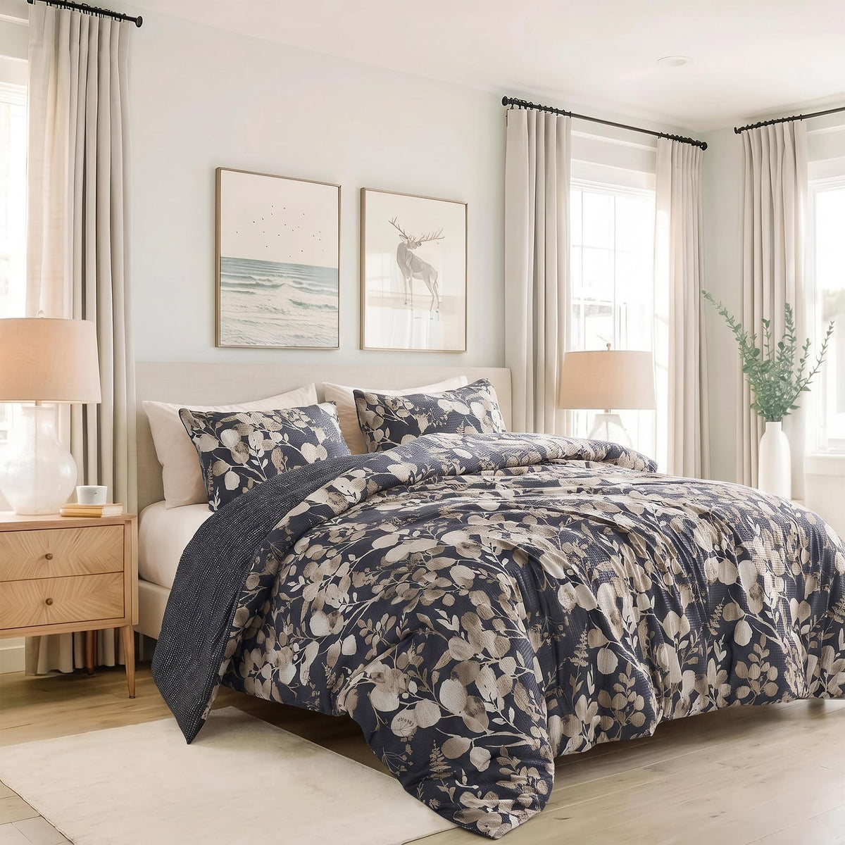 Lightweight Seersucker Botanical Comforter Set King Size, 3 Pieces Reversible Design with Striped Print, Premium Microfiber Bedding Set, Comforter and Sham Set, Green