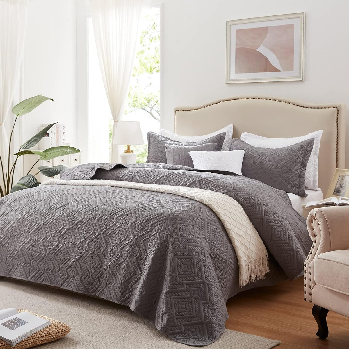 LEAONME Full/Queen Quilt Set 3 Pieces, Lightweight Burnt Orange/Rust Bedspread-90''x98'', Soft Microfiber Summer Quilt, Luxurious Warm Coverlet Set for All Seasons (Includes 1 Quilt, 2 Shams)