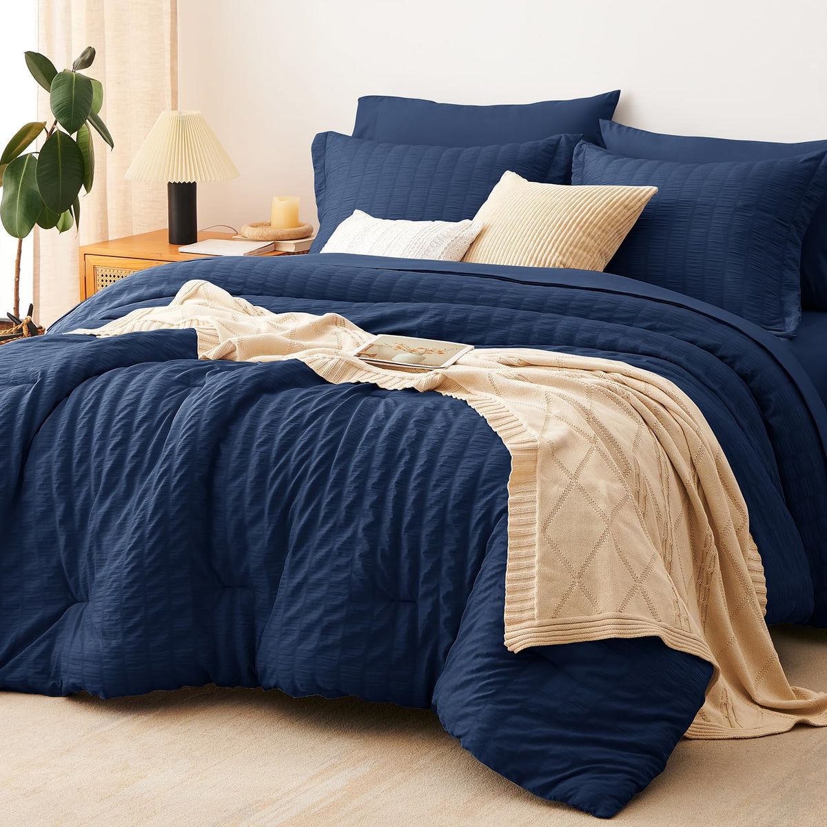CozyLux Queen Comforter Set, 7 Pieces Beige Seersucker Bed in a Bag