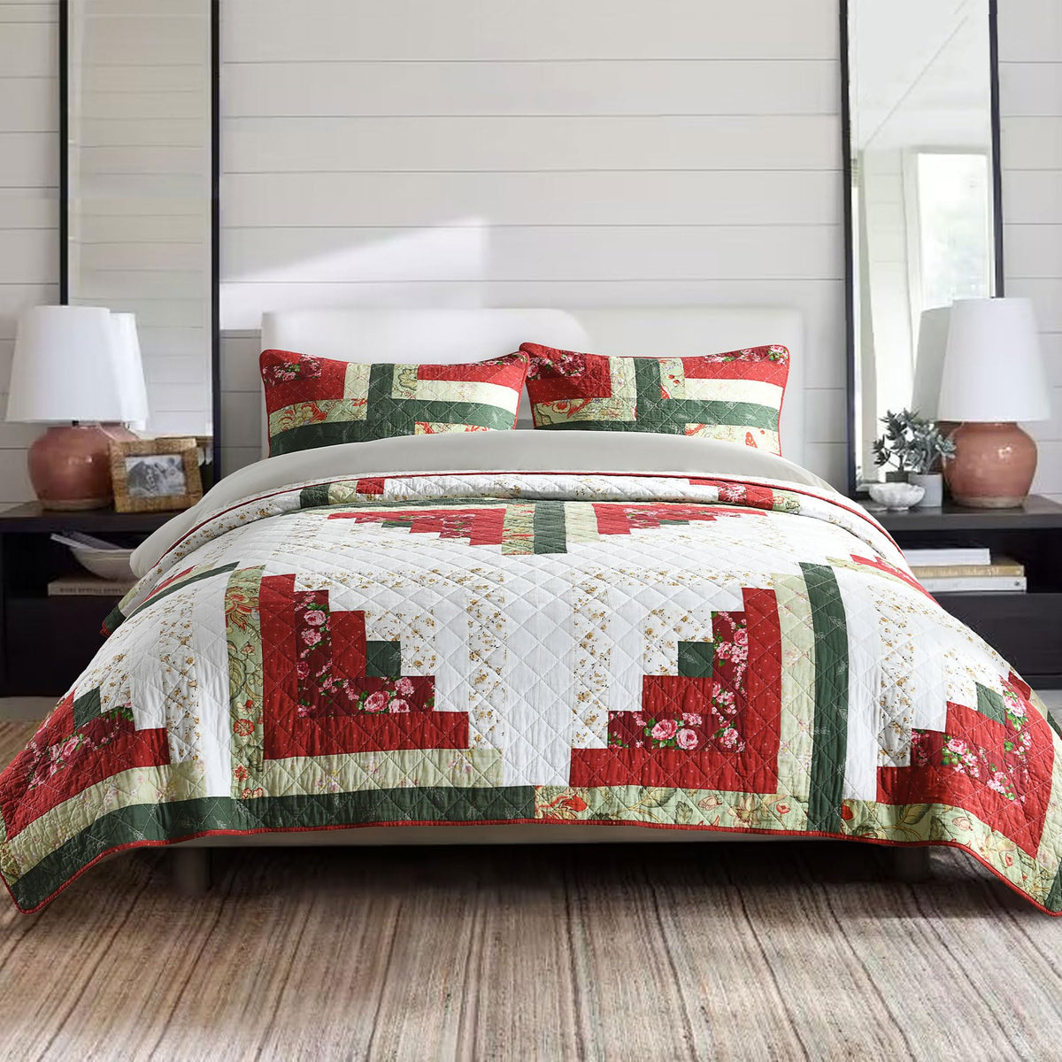 Secgo King Size Comforter Set- 100% Cotton Quilt King Size Set, Green, Sage bedspreads (96 * 108 Inch) with 2 Pillow Shams, Patchwork Reversible Lightweight Bedding