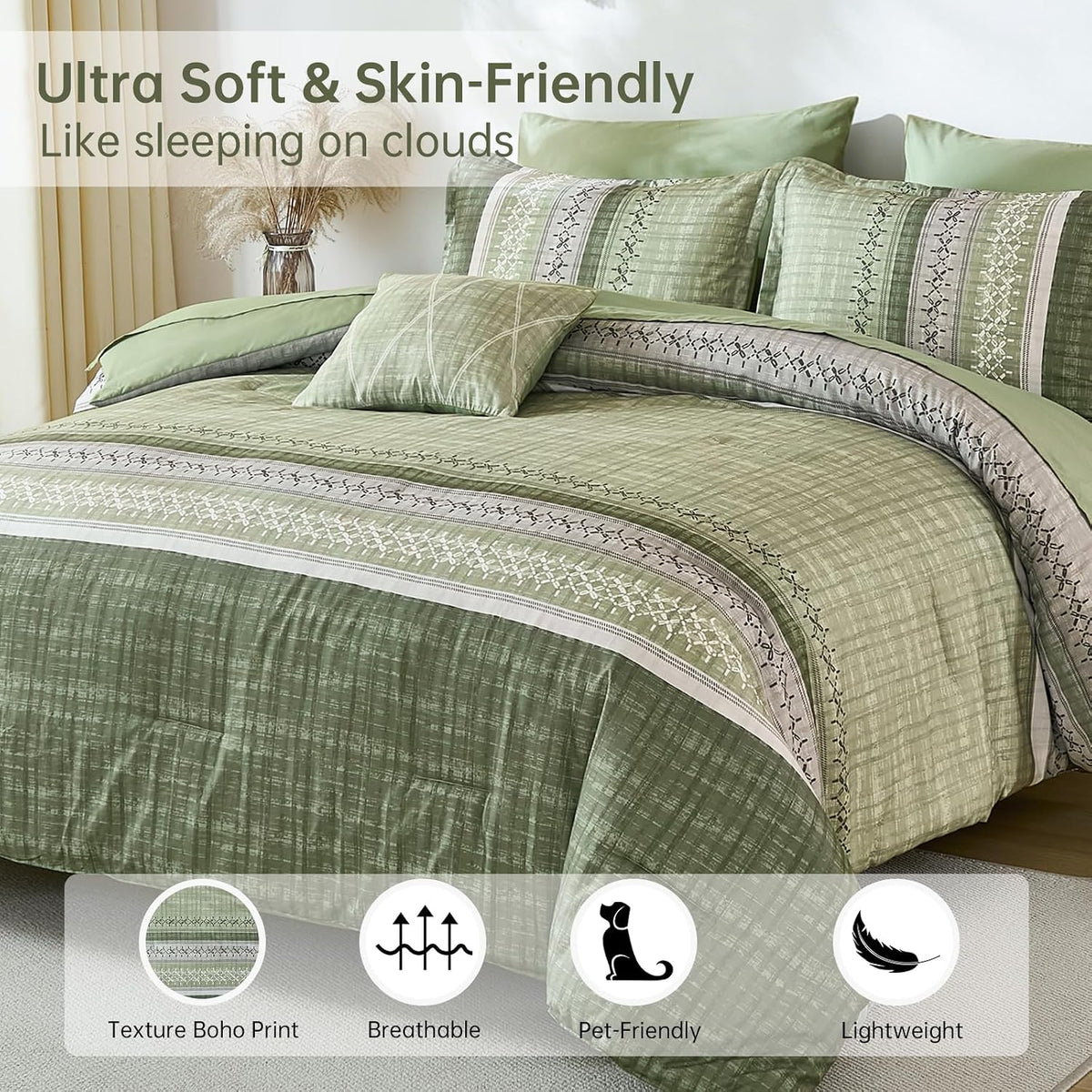 Dintszyayue Sage Green King Comforter Size Set, 8 Pieces Striped Boho Texture Bed in a Bag Sets, Lightweight Soft Bohemian Comforter and Sheet Set, All Season Microfiber Bedding Sets for Men Women