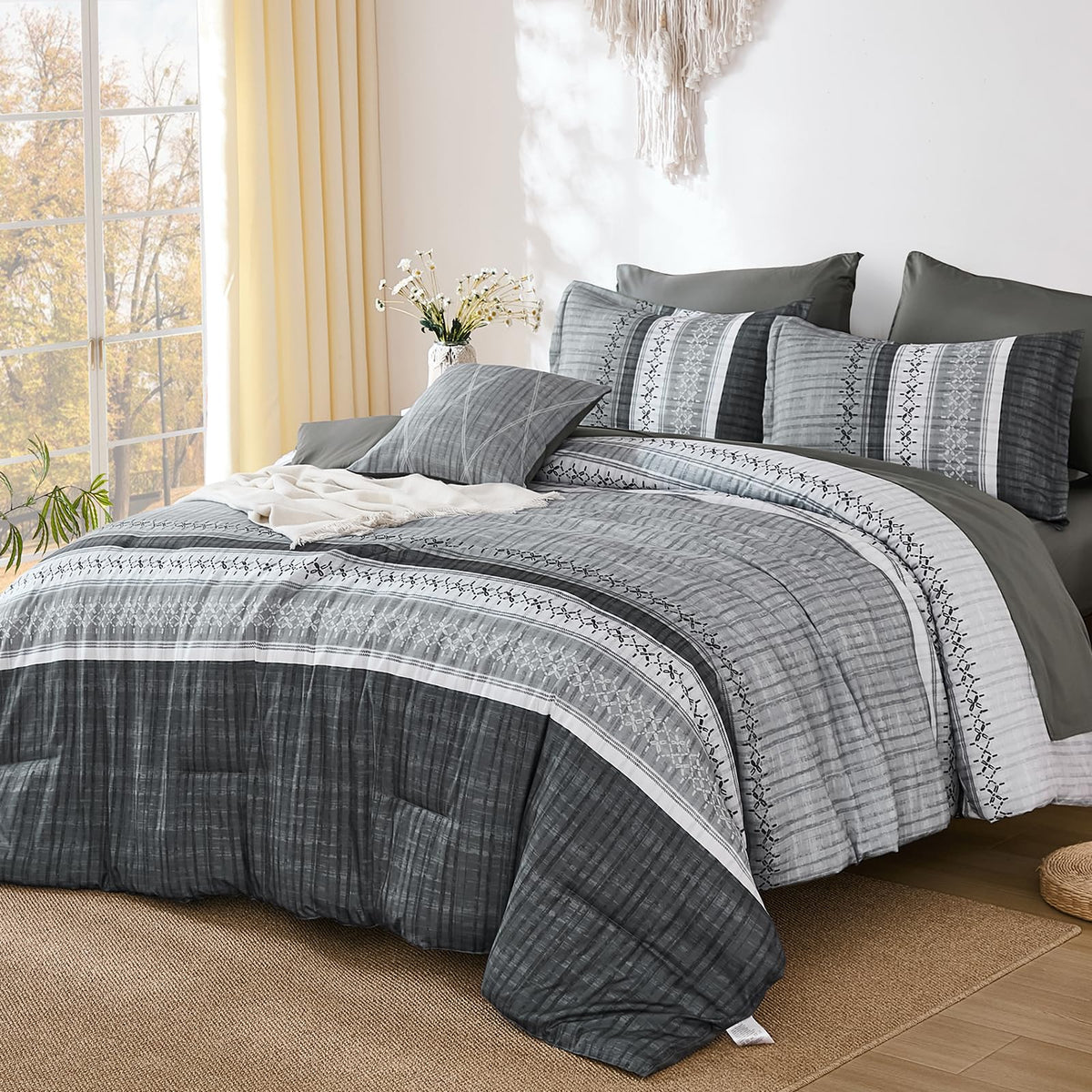 Dintszyayue Sage Green King Comforter Size Set, 8 Pieces Striped Boho Texture Bed in a Bag Sets, Lightweight Soft Bohemian Comforter and Sheet Set, All Season Microfiber Bedding Sets for Men Women