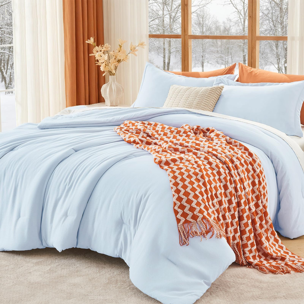 MUXHOMO Queen Size Comforter Set Beige, 3 Piece Solid Bedding for All Seasons, Warm Down Alternative Bed Set Includes 1 Lightweight Comforter (90"x90") and 2 Pillowshams (20"x26")