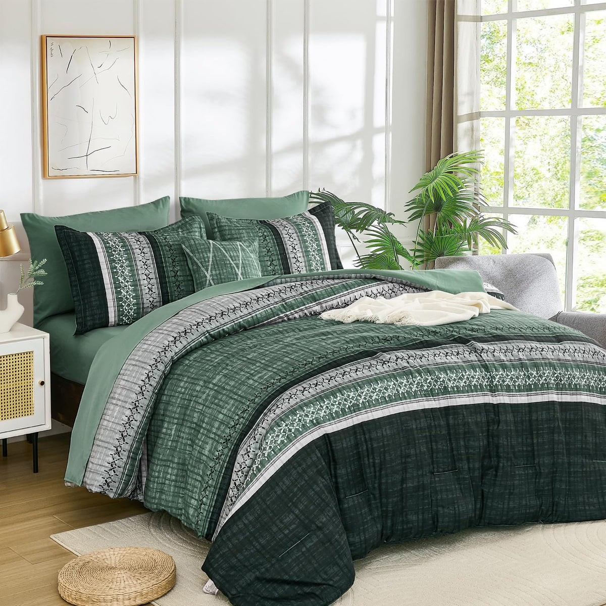 Dintszyayue Sage Green King Comforter Size Set, 8 Pieces Striped Boho Texture Bed in a Bag Sets, Lightweight Soft Bohemian Comforter and Sheet Set, All Season Microfiber Bedding Sets for Men Women
