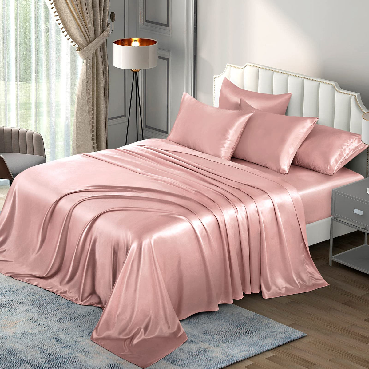 P Pothuiny Satin Sheets Set, Queen (6 Pieces, Taupe) - Luxury Soft Bed Linen Set with 1 Fitted Sheet, 1 Flat Sheet, 4 Pillowcases