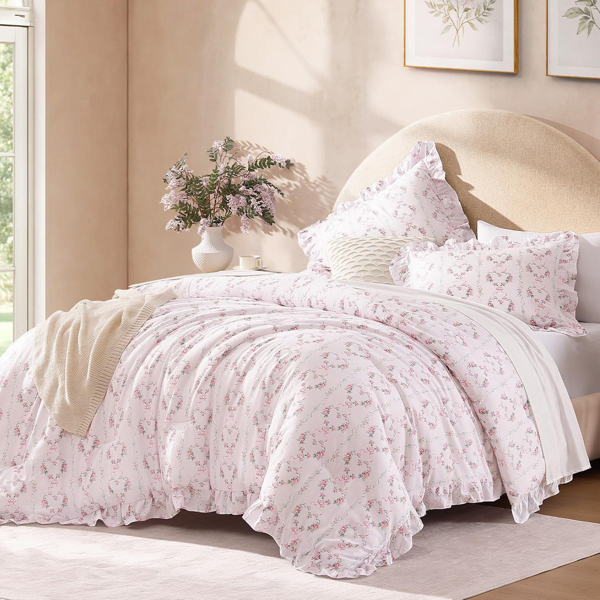 Andency Pink Ruffle Comforter Twin Size, 2 Pieces Soft Bed Set